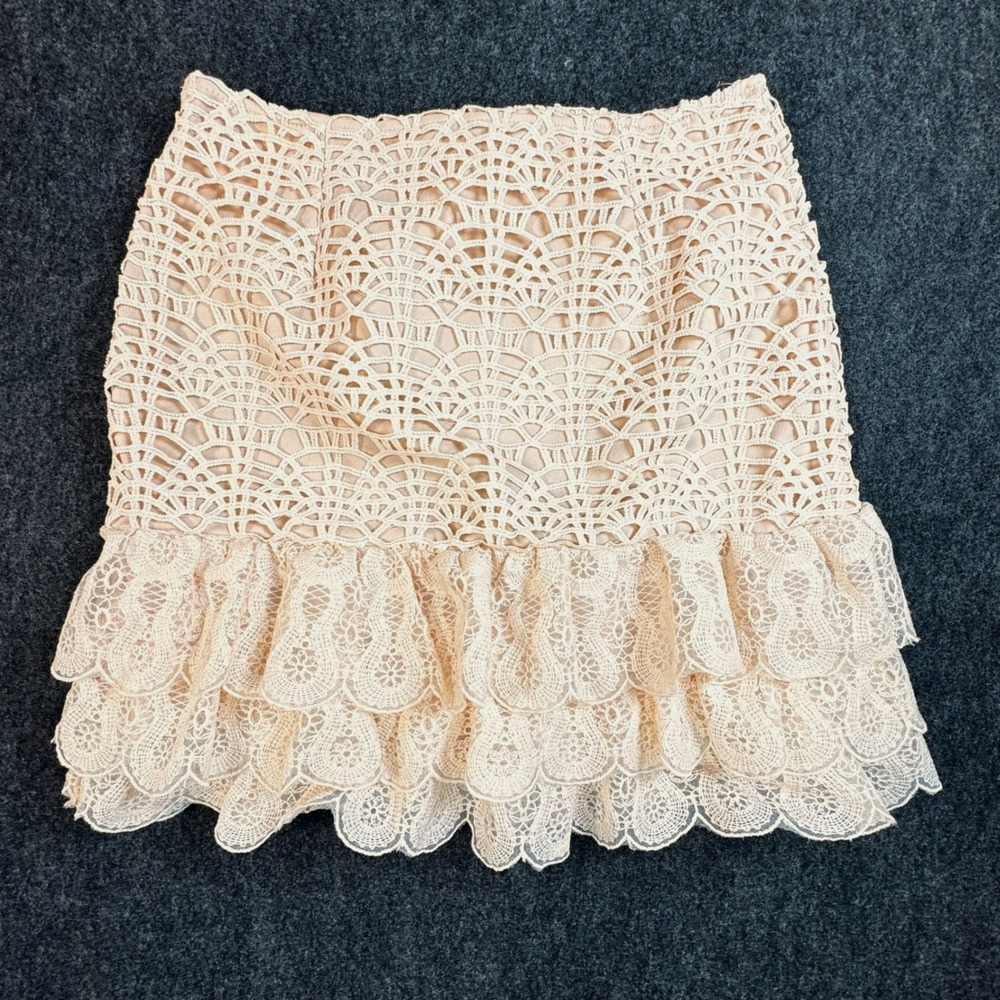 Crochet Lace Mini Skirt Peach Pink Ruffle Tiered Coquette Boho Fashion Nova Lg
